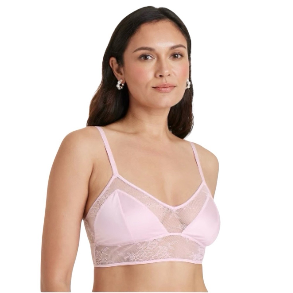 Auden Womens Unlined Lace Bralette Pink Satin Triangle Bra Large 36D 38C 38D